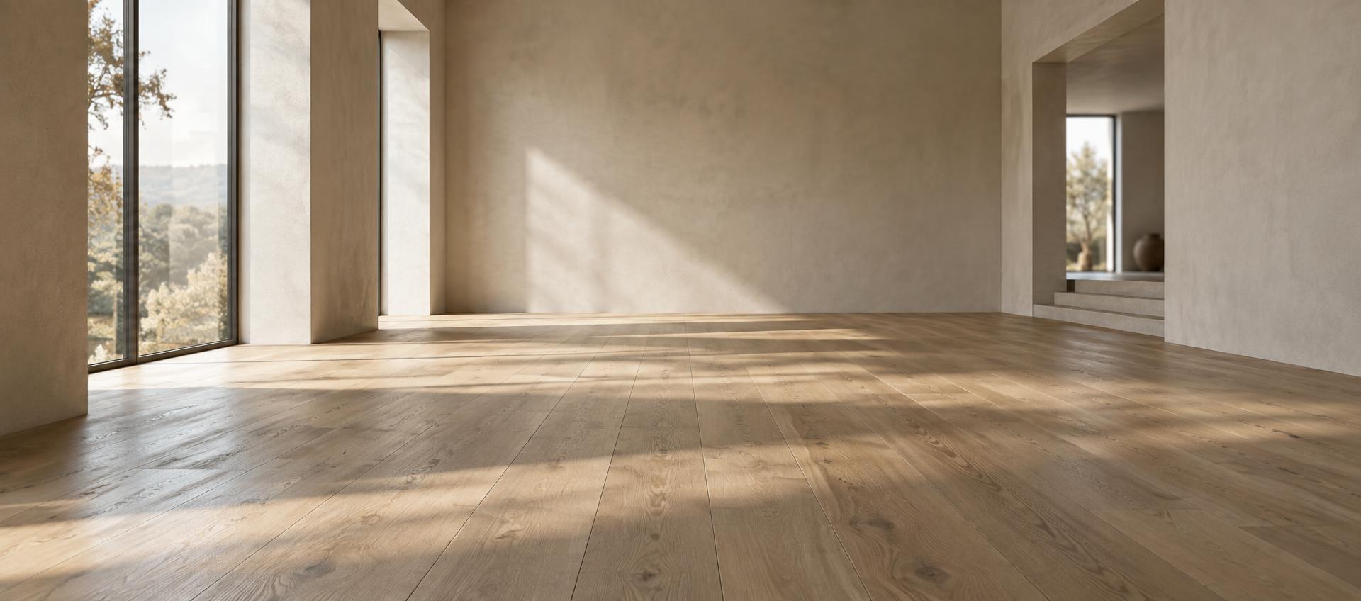 Interior minimalista amb paviment de fusta de lama ampla
